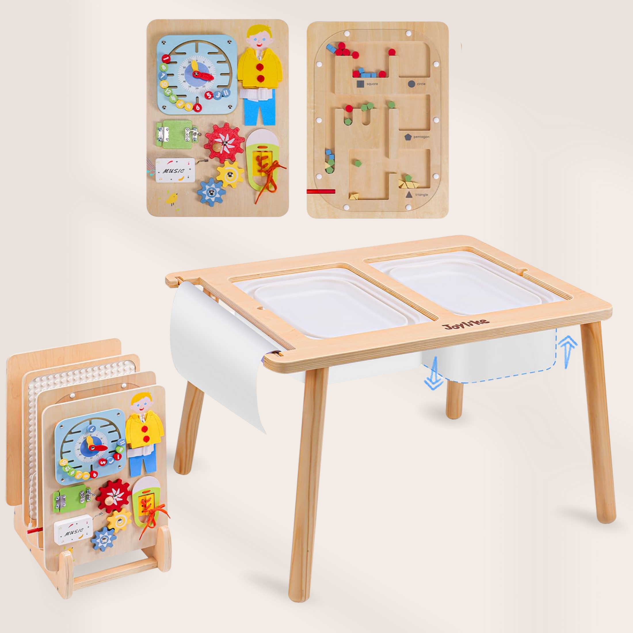 JoyLike Kids Table for Drawing and Sensory Play with 4 Montessori Activity Boards