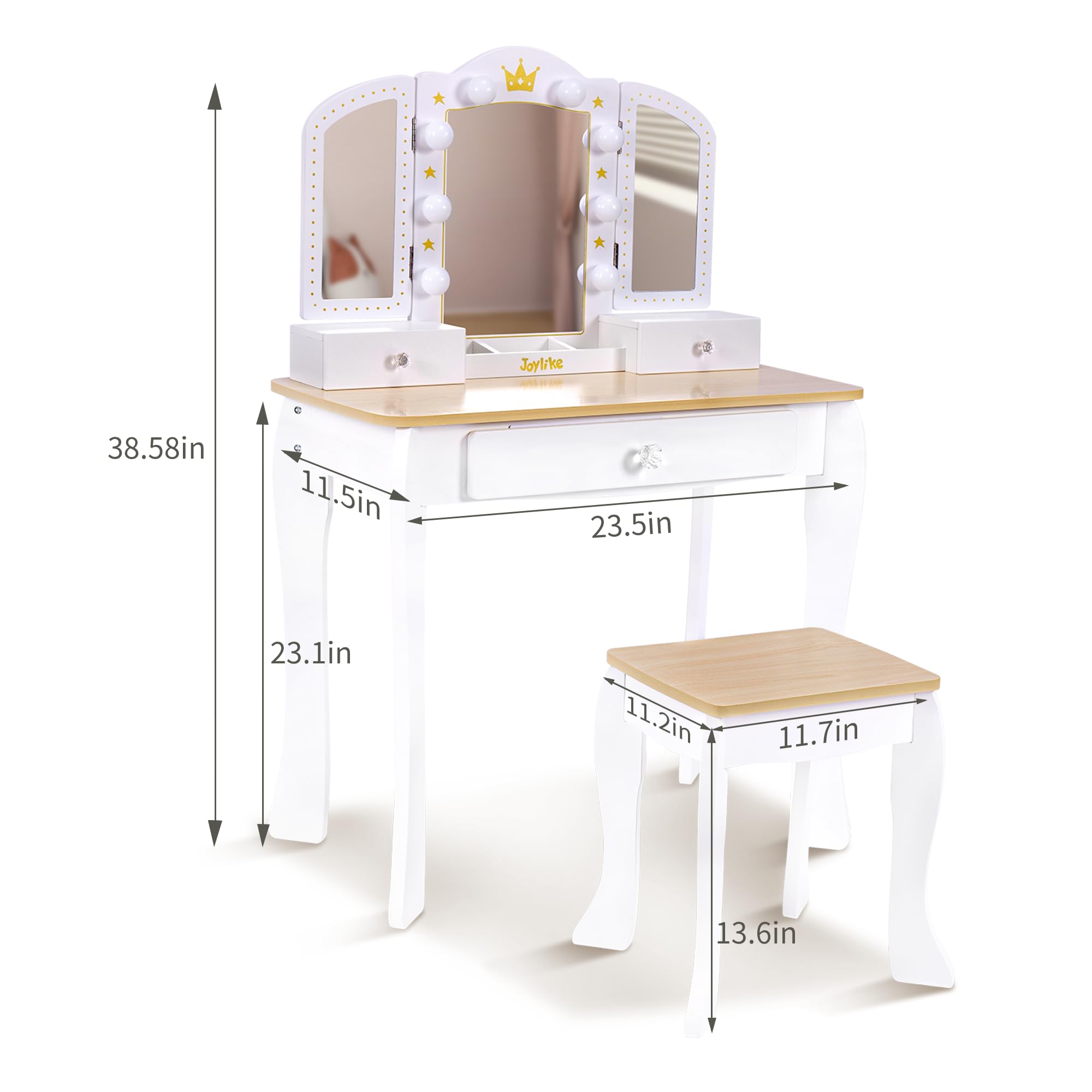 Joylike Girls Vanity set with mirror,wooden dressing table,Pretend play vanity table and chair set