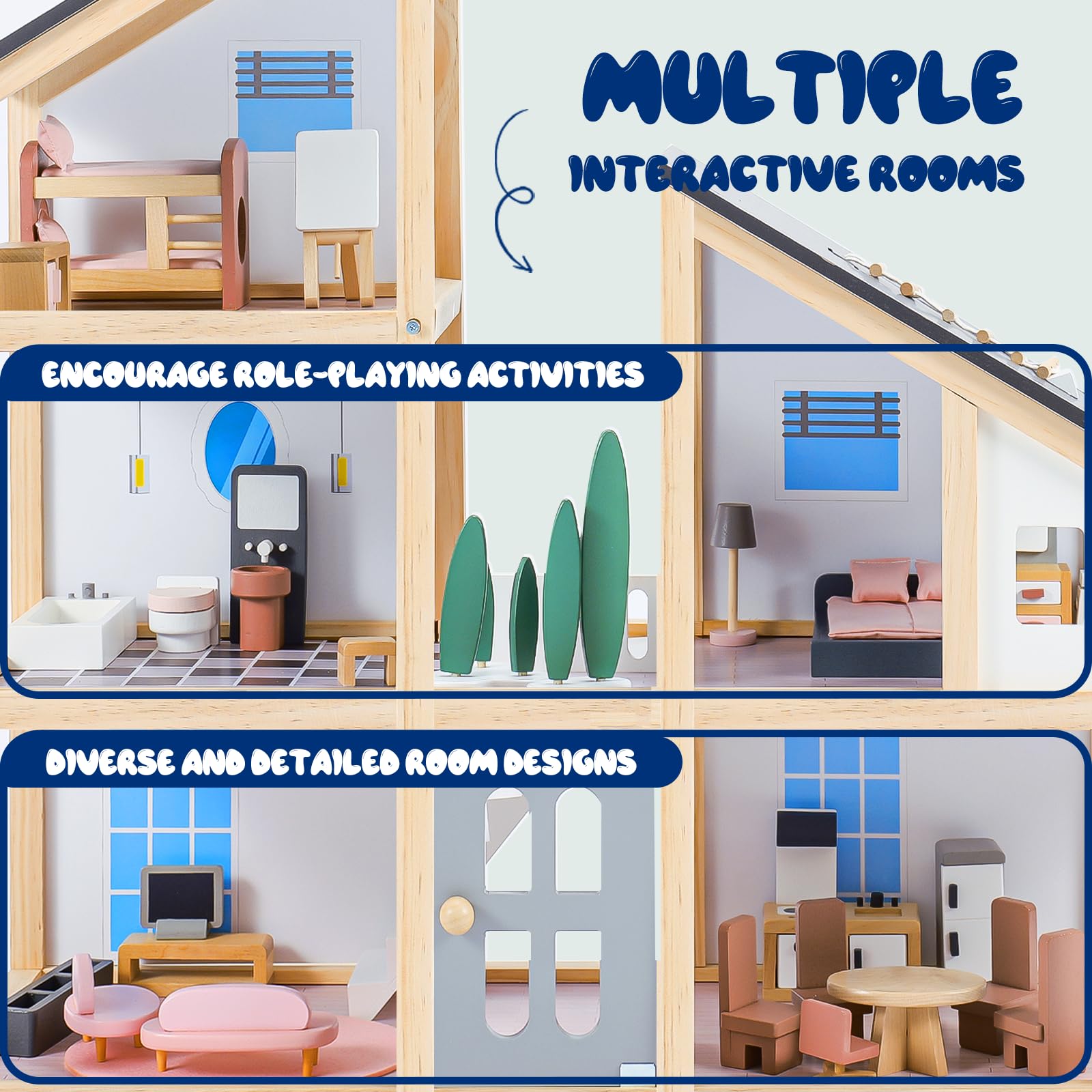 Joylike Large Wooden Dollhouse Kit with Realistic Furniture Design