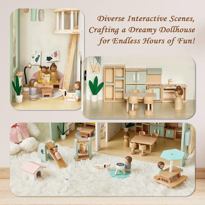 Joylike 53PCS Wooden Dollhouse for Kids, Family Dollhouse Including Toy Figures, Furniture and Accessories