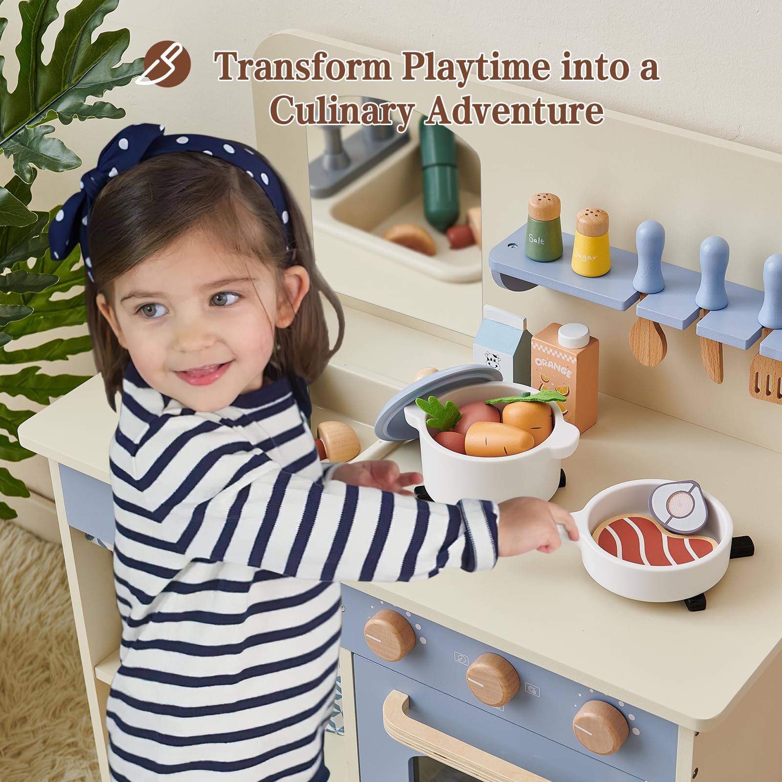 Joylike 32Pcs Wooden Kitchen Playset, Toddler Play Kitchen with Accessories Cutting Food Set, Stove & Water Sink