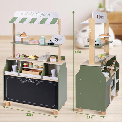 Joylike 37 PCS Wooden Coffee Shop Play Set, Pretend Grocery Store, Realistic Bakery Shop Sessert Stand with Toy Foods