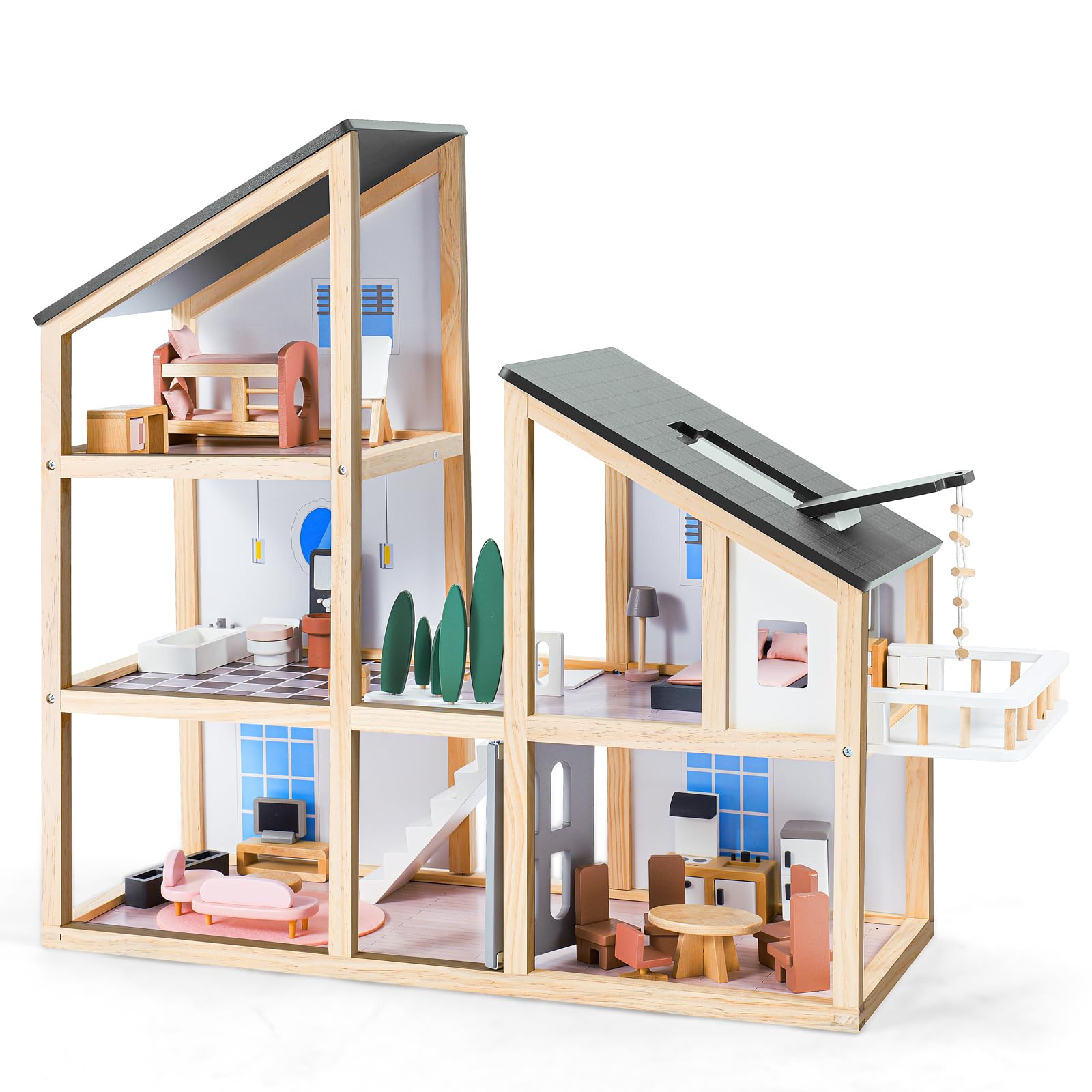 Joylike Large Wooden Dollhouse Kit with Realistic Furniture Design