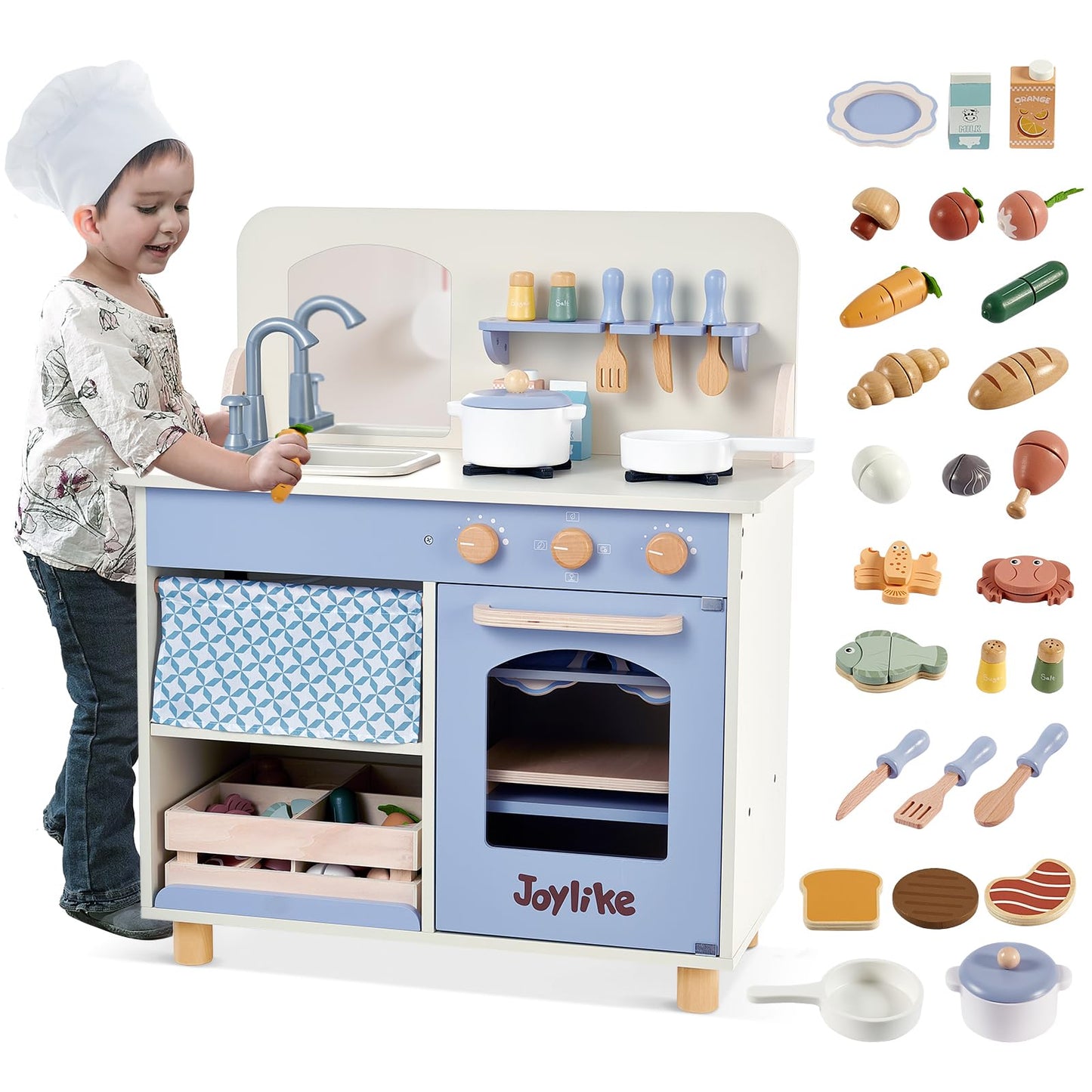 Joylike 32Pcs Wooden Kitchen Playset, Toddler Play Kitchen with Accessories Cutting Food Set, Stove & Water Sink