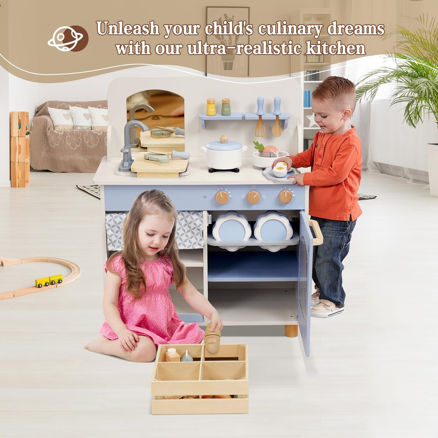 Joylike 32Pcs Wooden Kitchen Playset, Toddler Play Kitchen with Accessories Cutting Food Set, Stove & Water Sink