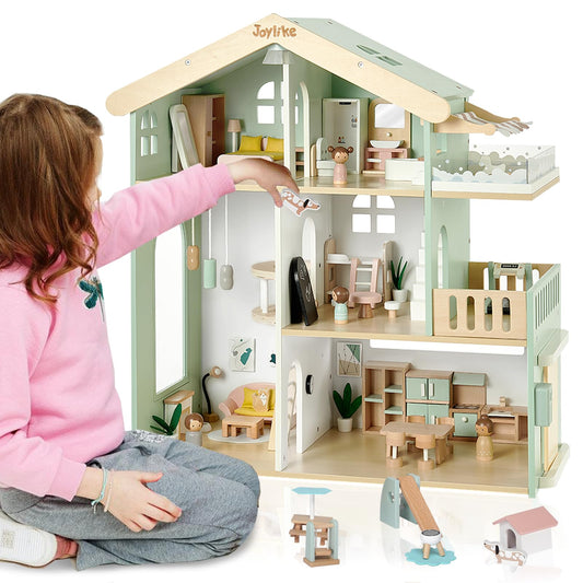 Joylike 53PCS Wooden Dollhouse for Kids, Family Dollhouse Including Toy Figures, Furniture and Accessories