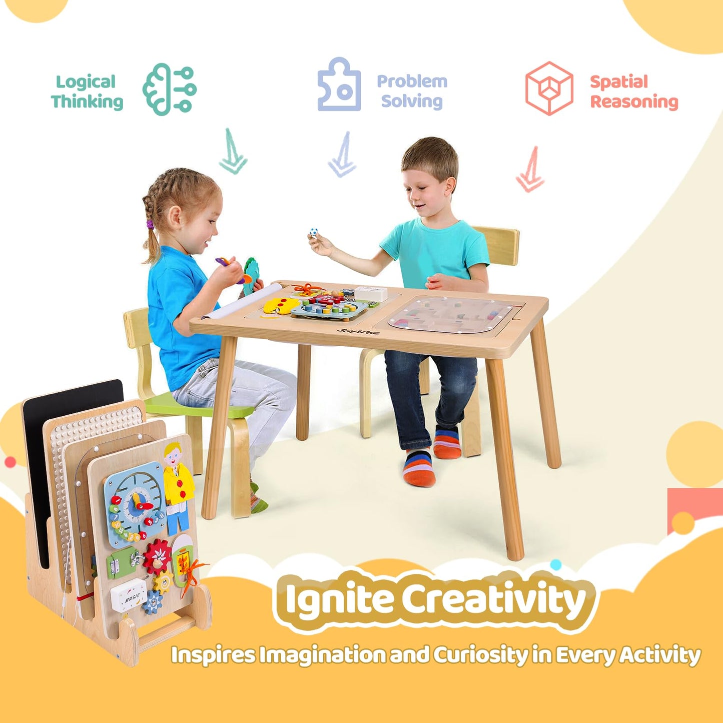 JoyLike Kids Table for Drawing and Sensory Play with 4 Montessori Activity Boards