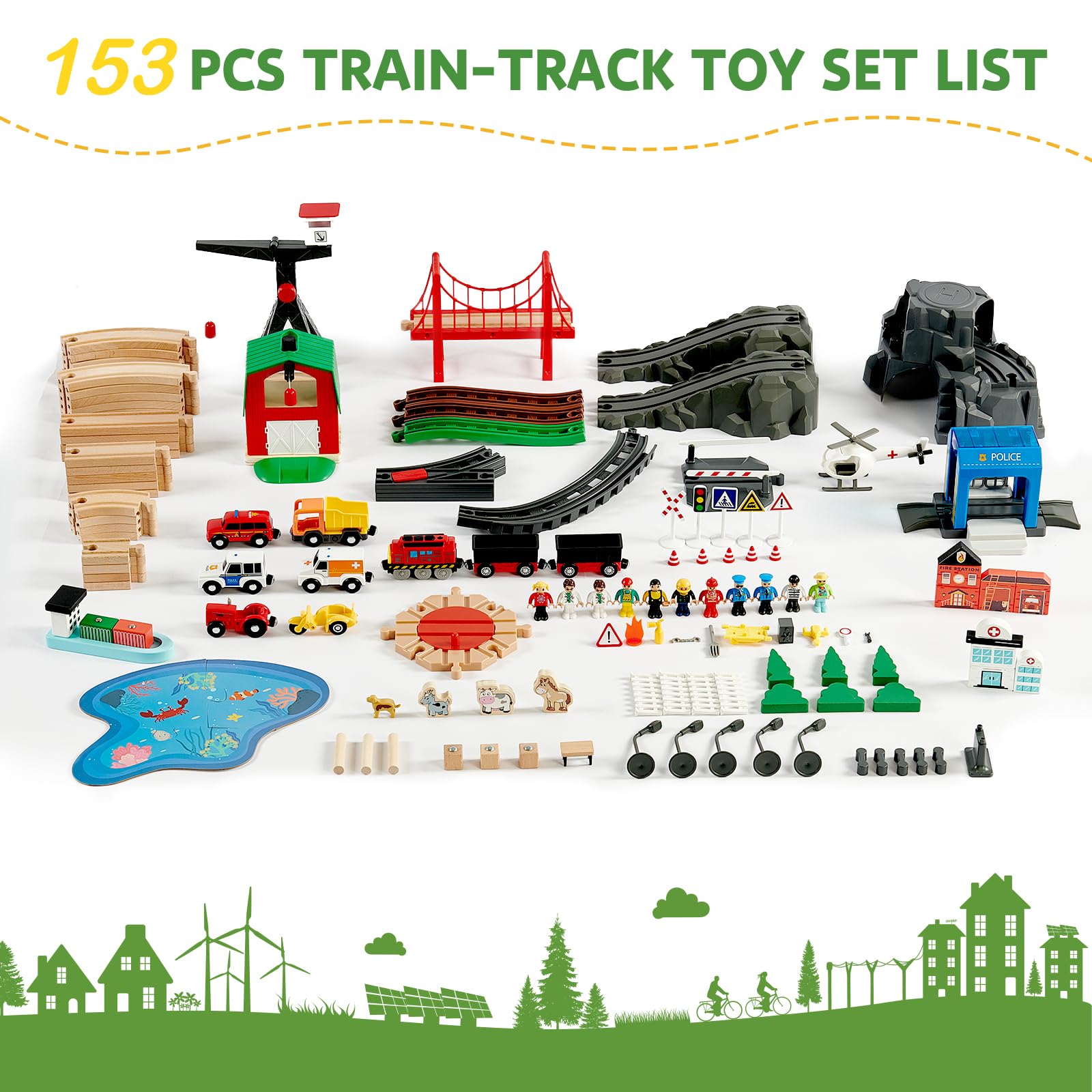 Joylike 153pcs Wooden Train Set, Toy Train for Boys & Girls