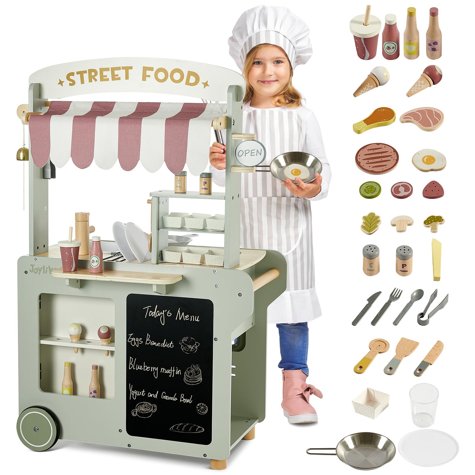 Joylike 50-Pcs Wooden Food Cart, Kitchen Playset Grocery Store with Sink and Ice Maker