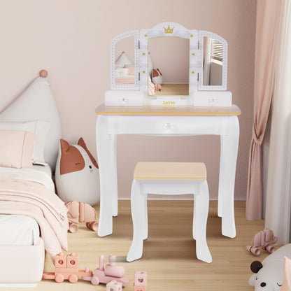 Joylike Girls Vanity set with mirror,wooden dressing table,Pretend play vanity table and chair set