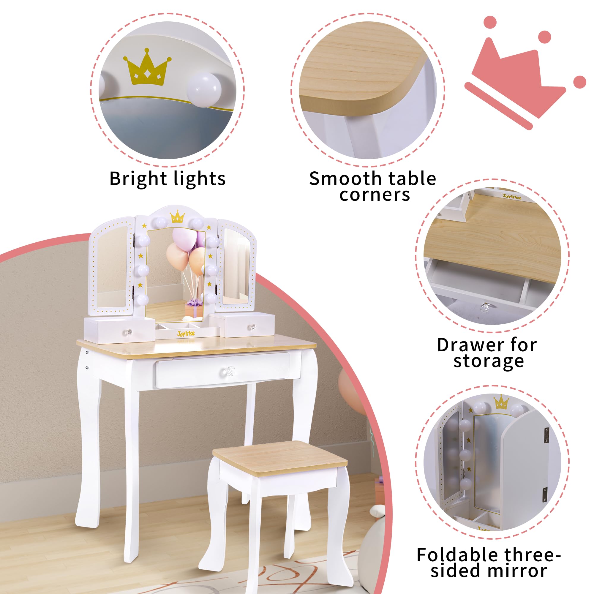 Joylike Girls Vanity set with mirror,wooden dressing table,Pretend play vanity table and chair set