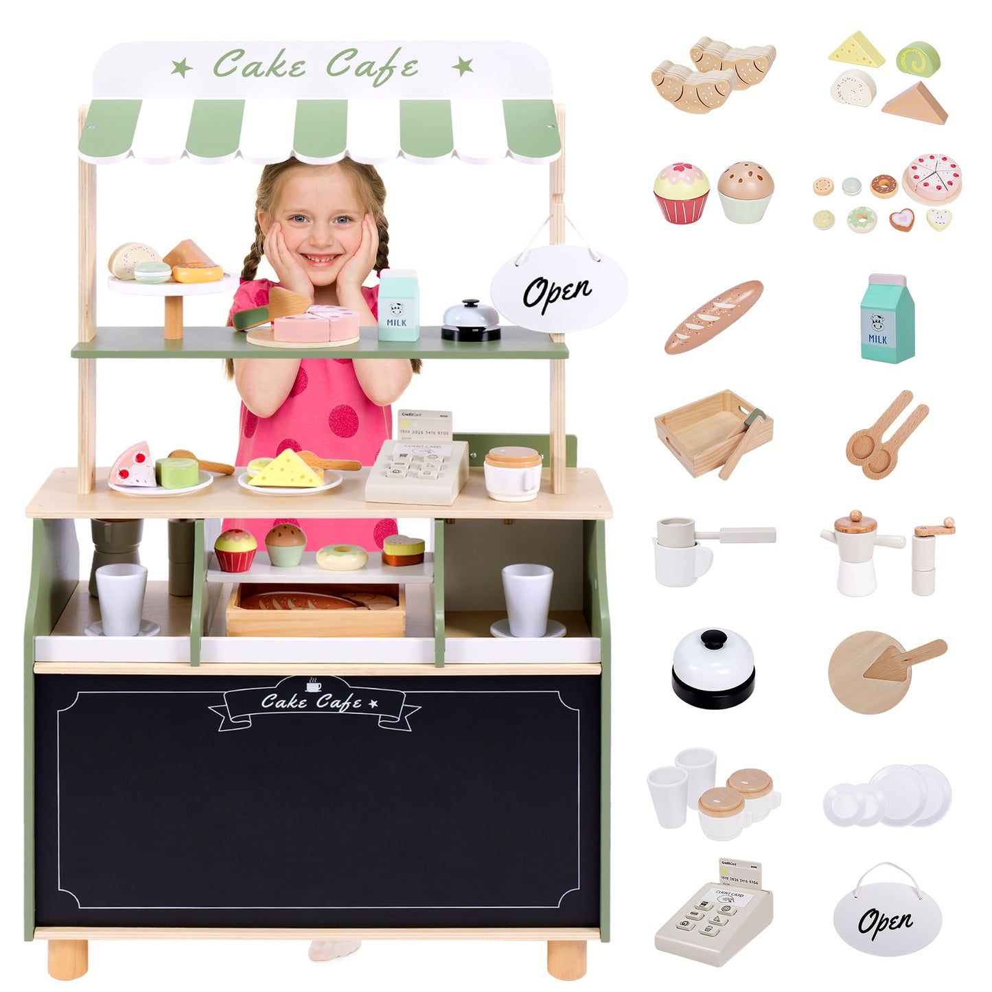 Joylike 37 PCS Wooden Coffee Shop Play Set, Pretend Grocery Store, Realistic Bakery Shop Sessert Stand with Toy Foods