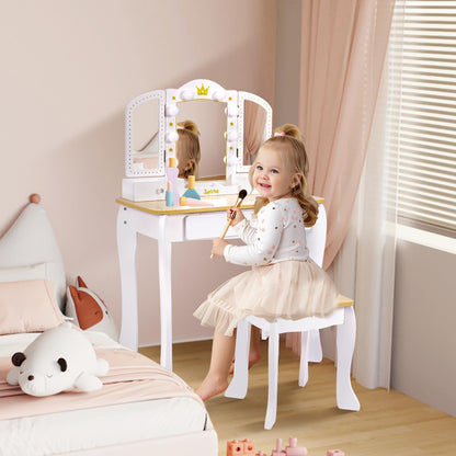 Joylike Girls Vanity set with mirror,wooden dressing table,Pretend play vanity table and chair set