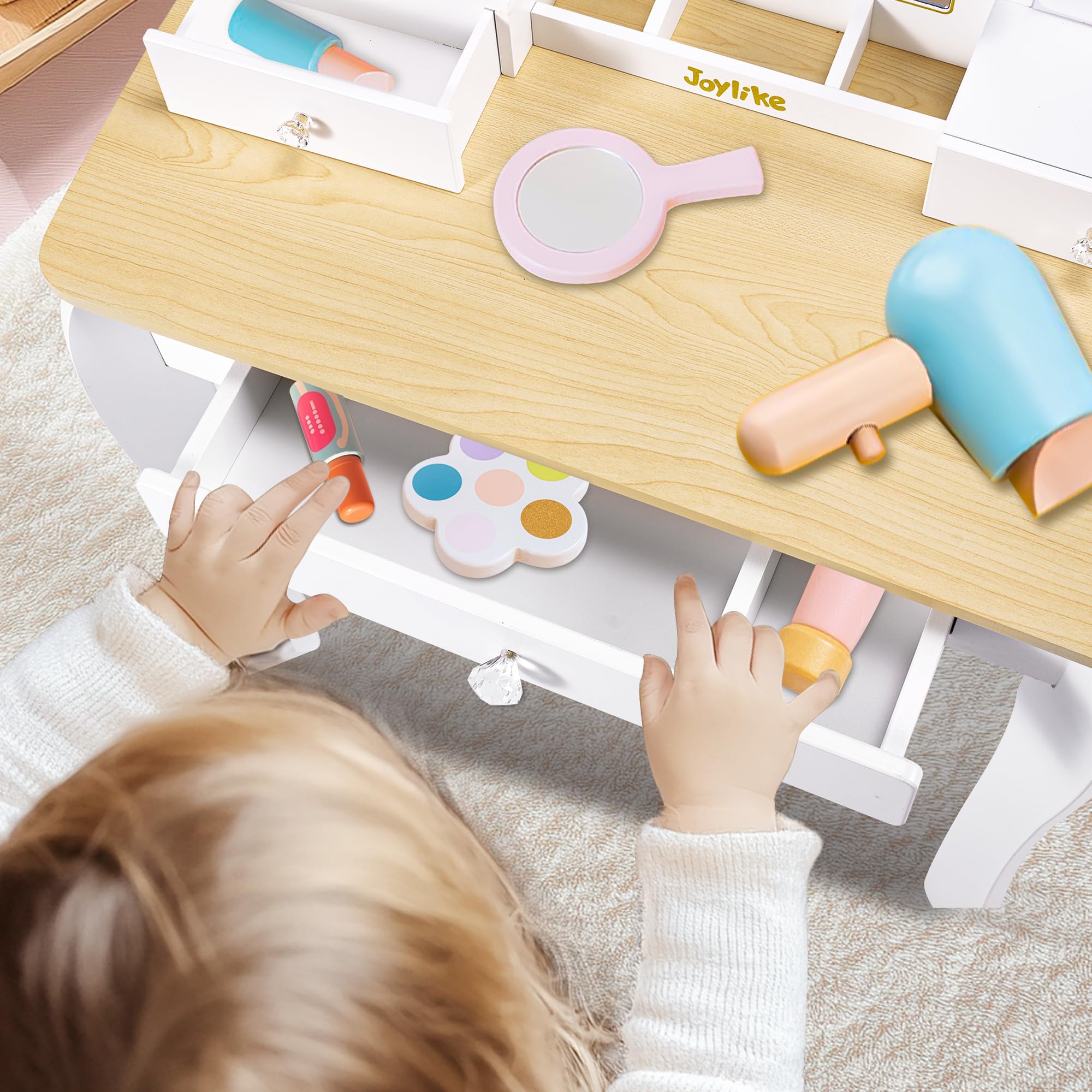 Joylike Girls Vanity set with mirror,wooden dressing table,Pretend play vanity table and chair set