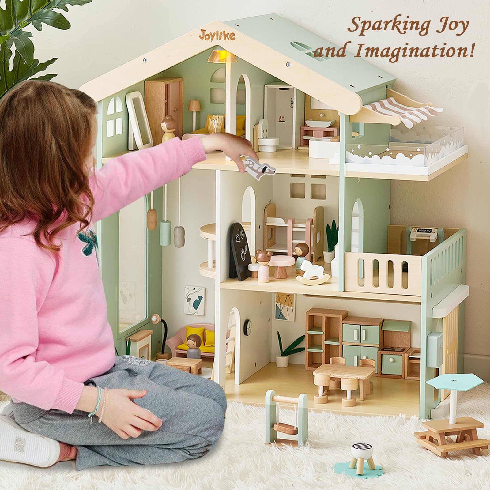 Joylike 53PCS Wooden Dollhouse for Kids, Family Dollhouse Including Toy Figures, Furniture and Accessories