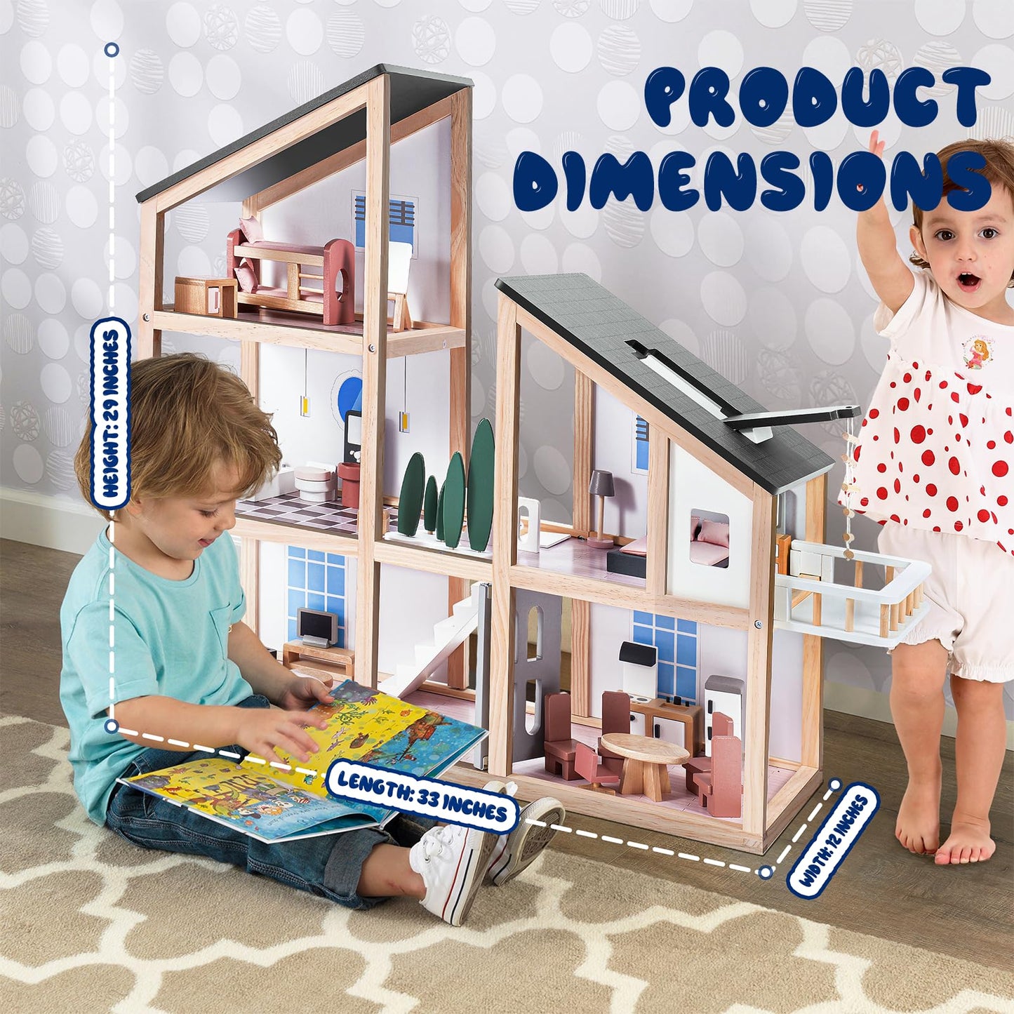 Joylike Large Wooden Dollhouse Kit with Realistic Furniture Design