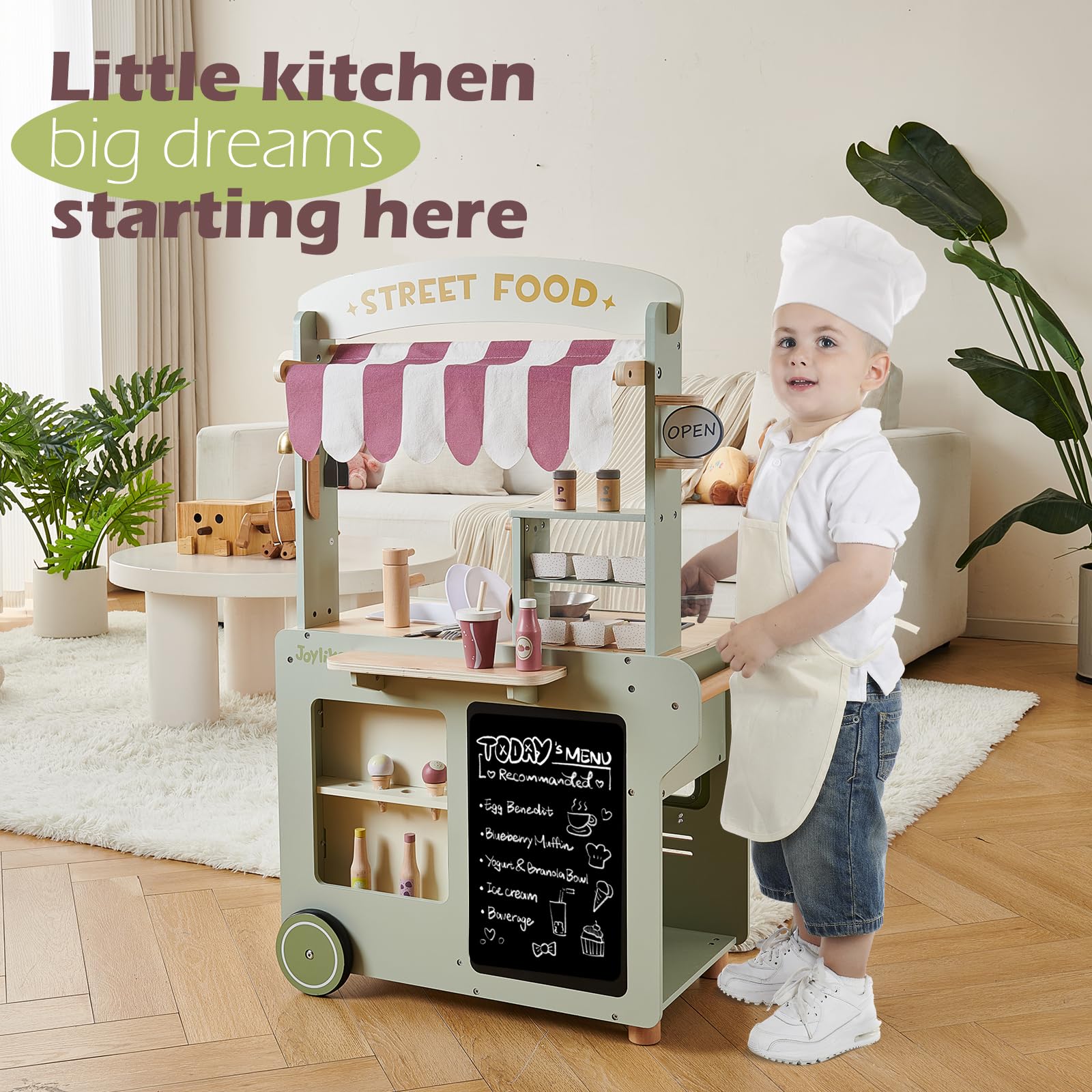 Joylike 50-Pcs Wooden Food Cart, Kitchen Playset Grocery Store with Sink and Ice Maker