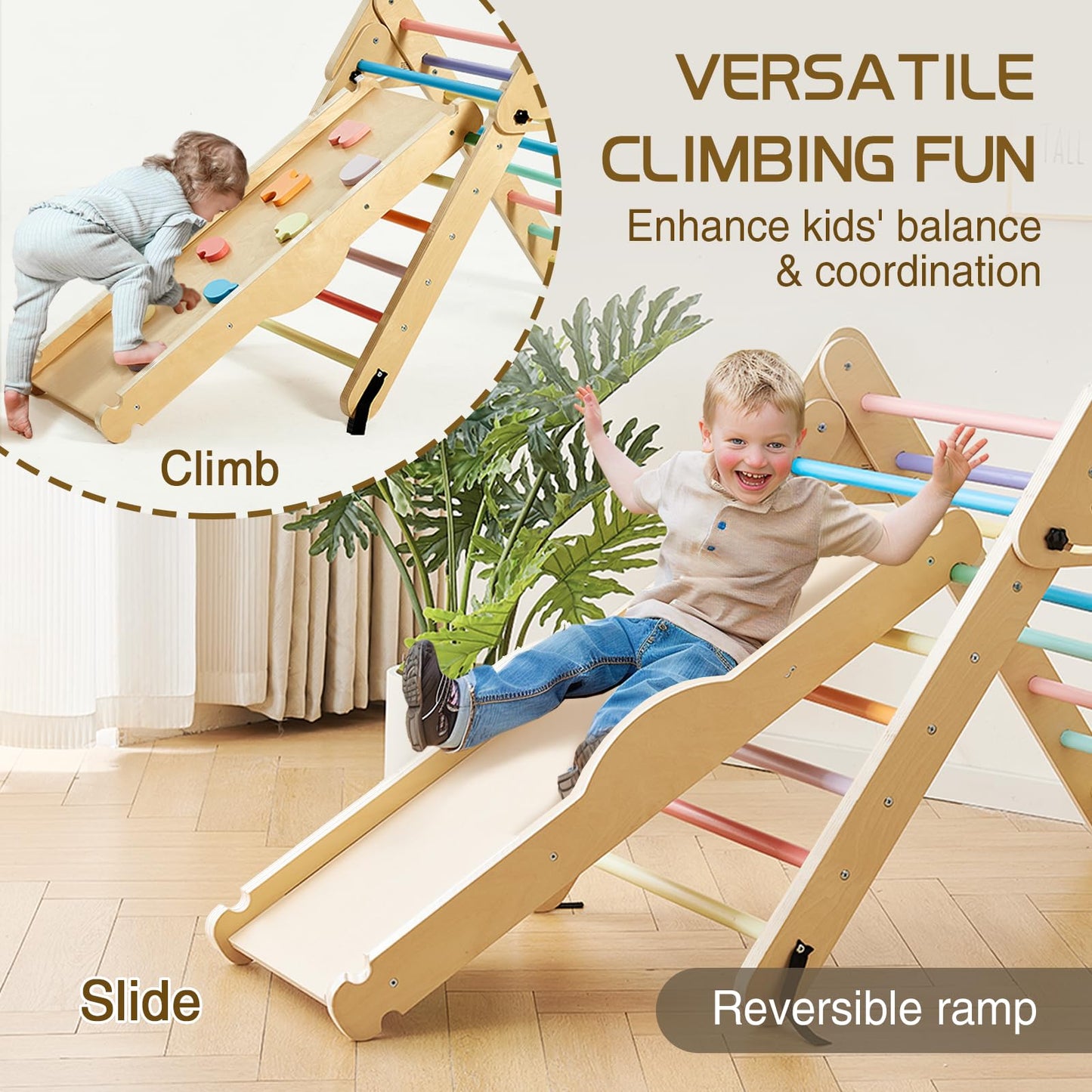 JoyLike Foldable Pikler Triangle Climbing Set - Montessori Kids Climbing Toys