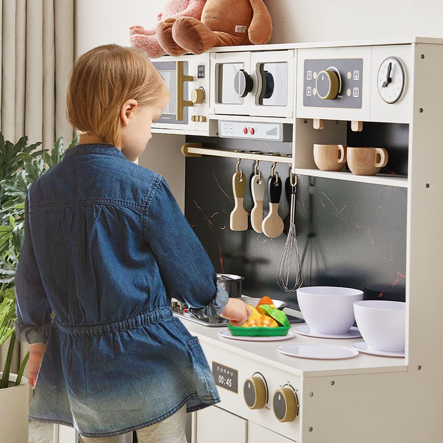 Joylike Black & White Wooden Realistic Kids Kitchen Playset