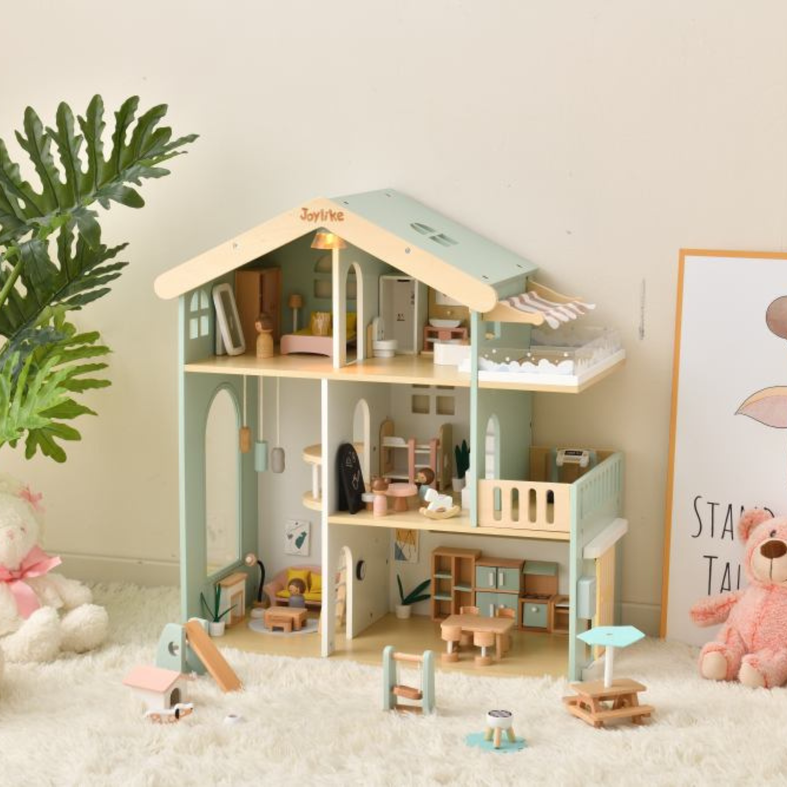 JoyLike wooden dollhouse set with furniture and accessories, staged in a cozy playroom setting