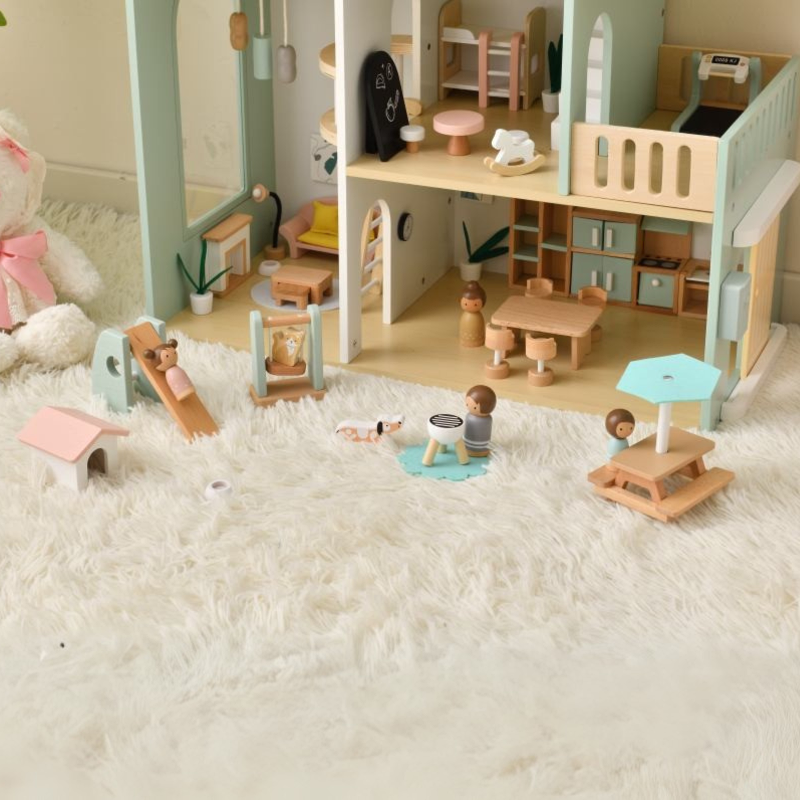 Joylike 53PCS Wooden Dollhouse for Kids, Family Dollhouse Including Toy Figures, Furniture and Accessories