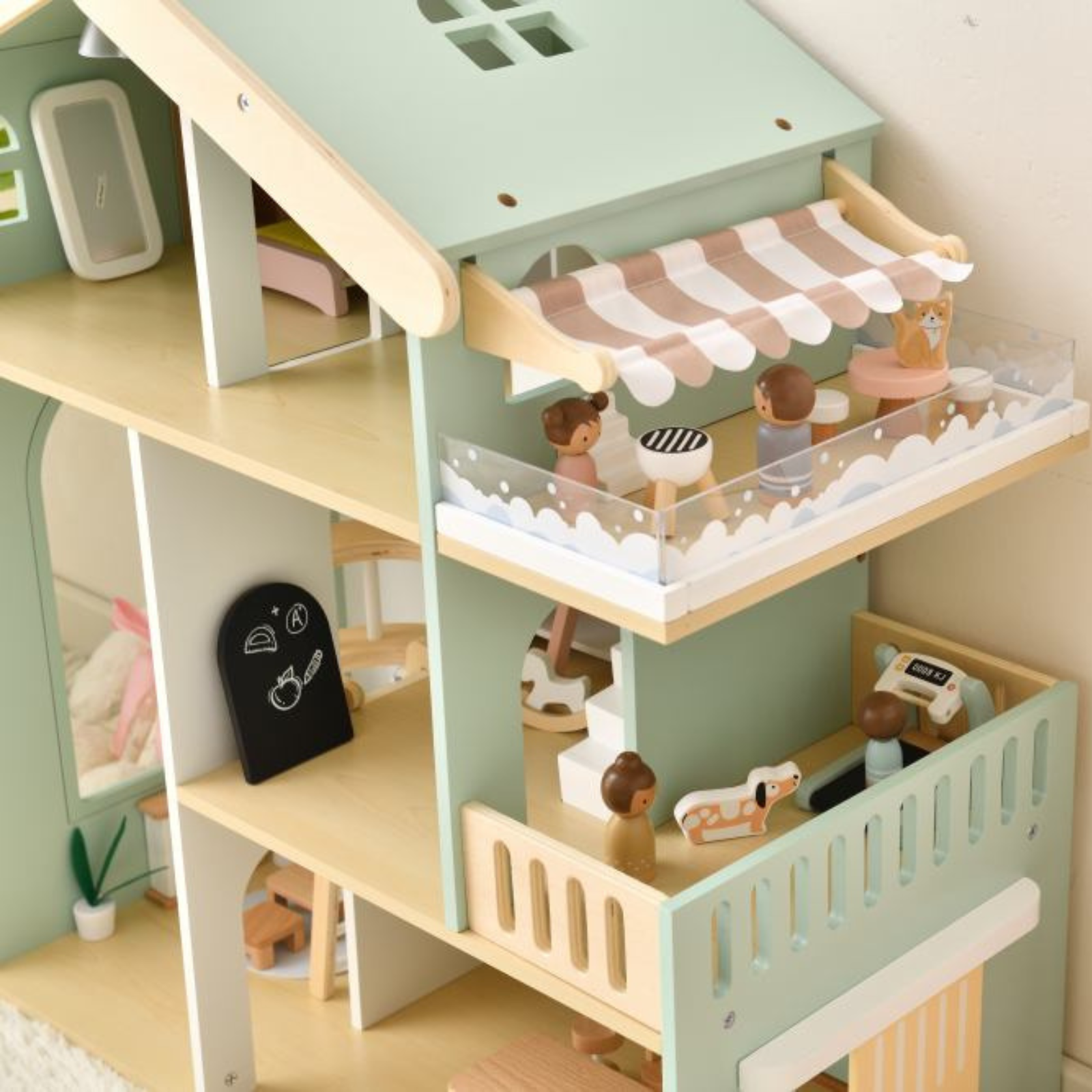 Joylike 53PCS Wooden Dollhouse for Kids, Family Dollhouse Including Toy Figures, Furniture and Accessories